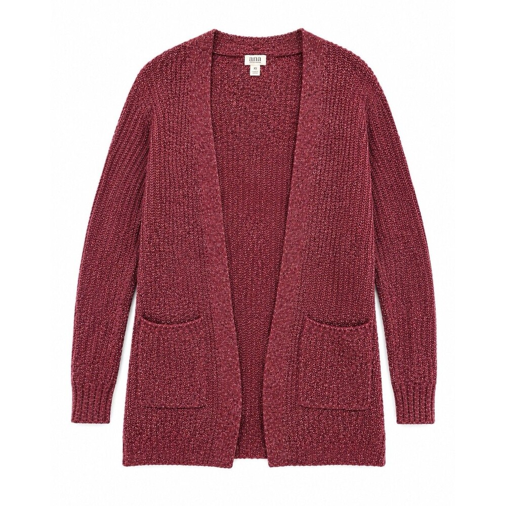 ANA A New Approach Marled Open Front Cardigan Sweater XS Pink Burgundy Pockets